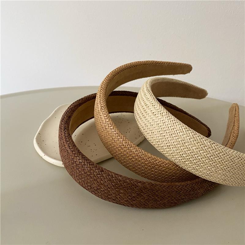 Handmade Weaving Straw Headband Cross Women Summer Headwear Wide Rattan Hairband Knot Outdoor Headdress Hair Hoop Solid