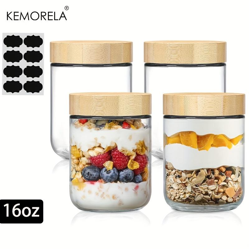 KEMORELA 2/4PCS Glass Jars 290/470ML with Airtight Lids Overnight Oats Containers with Bamboo Lids Wide Mouth Mason Salad Jar