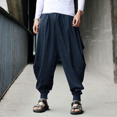 Cotton Linen Harem Pants Mens Baggy Pants Japanese Style Crotch Wide Leg Pants Casual Loose Trousers