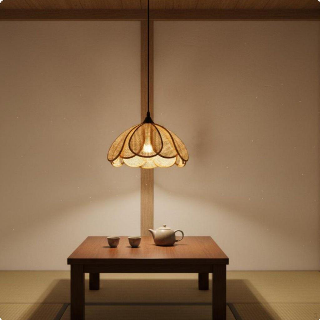 Rattan Flower Pendant Light Handwoven Woven Petal Ceiling Lamp Japanese Style Lampshade for