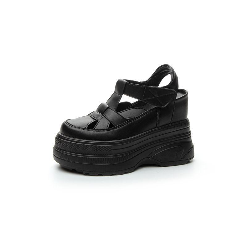 Roman-Style Women's Semi-Hollow Leather Sandals with Hidden Heel, Platform Thick Sole, Closed Toe, Outdoor Wear for Petite Women.