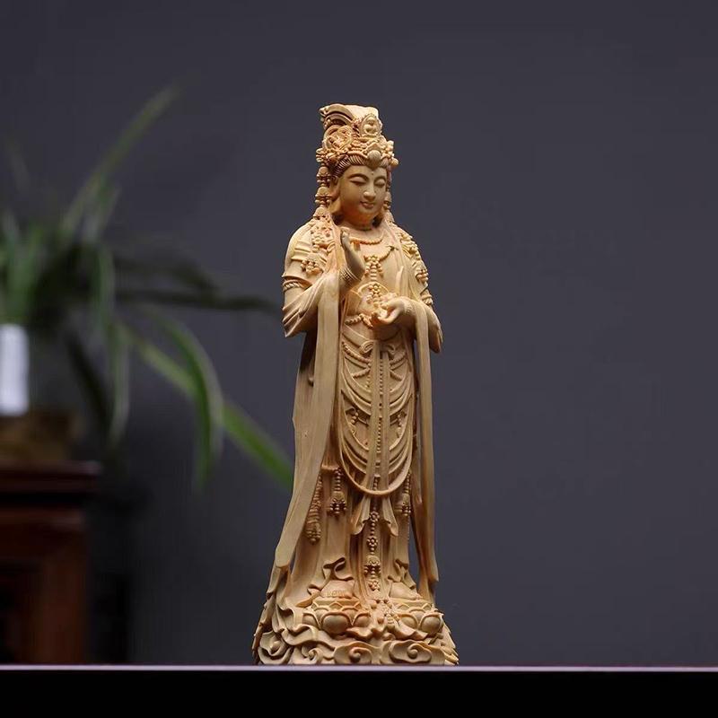 Wooden Buddha Statue Guanyin Statue Solid Wood Carving Home Living Room Office Buddhist Shrine Wealth Luck Feng Shui Decor
