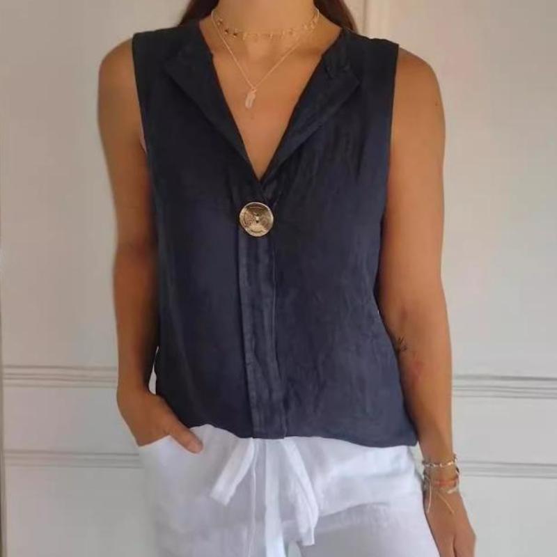 Women's Fake Cardigan Blouse V-neck Cotton Linen Sleeveless Casual Shirt