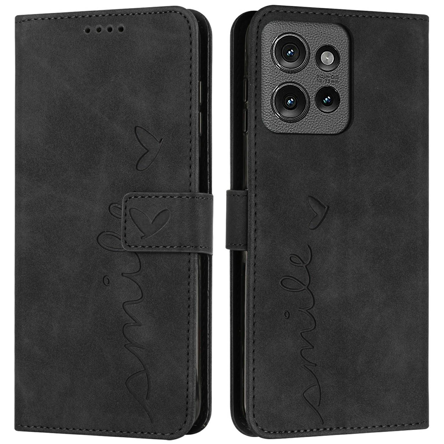 

For Motorola Moto G 5G (2025) Case Viewing Stand PU Leather Phone Cover Imprinted Heart Pattern Black