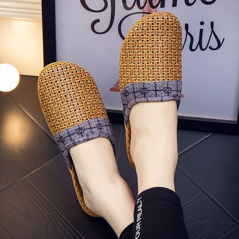 Spring Autumn Vine Grass Woven Breathable Stylish Unisex Summer Flat Comfortable Home Couple Closed-Toe Slippers
