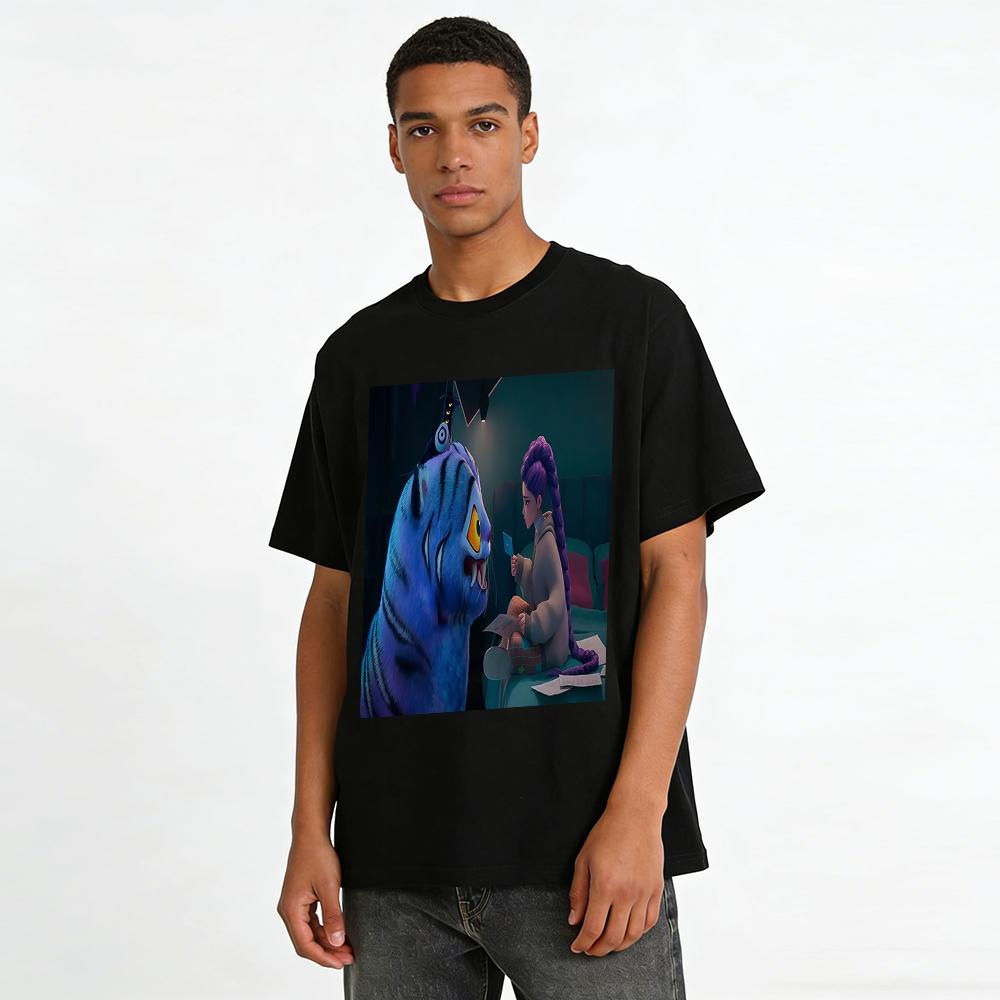 Chinese Style Anime IP Co-branded T-shirt, Blue Tiger & Purple-haired Girl Print, Trendy Casual Top for Men & Women Pure Cotton T-shirt