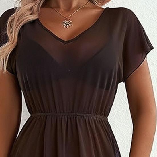 Bikini Cover Up Mesh Lightweight Sheer V-Neck Short Sleeve Beach Dress with Elastic Waist Design Anti-UV