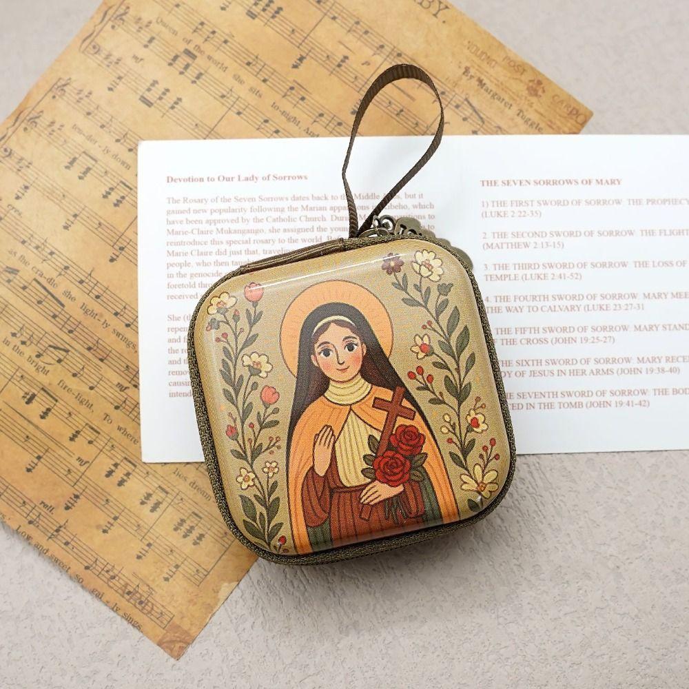 Portable Virgin Mary Prayer Rosary Storage Bag Zippered 7x7cm Religious Articles Cartoon Elegant Prayer Kit Devotees