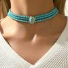 French Fashion Retro Geometric Beaded Necklace Simple Turquoise Multi-layer Design Long Chain Alloy Collarbone Chain
