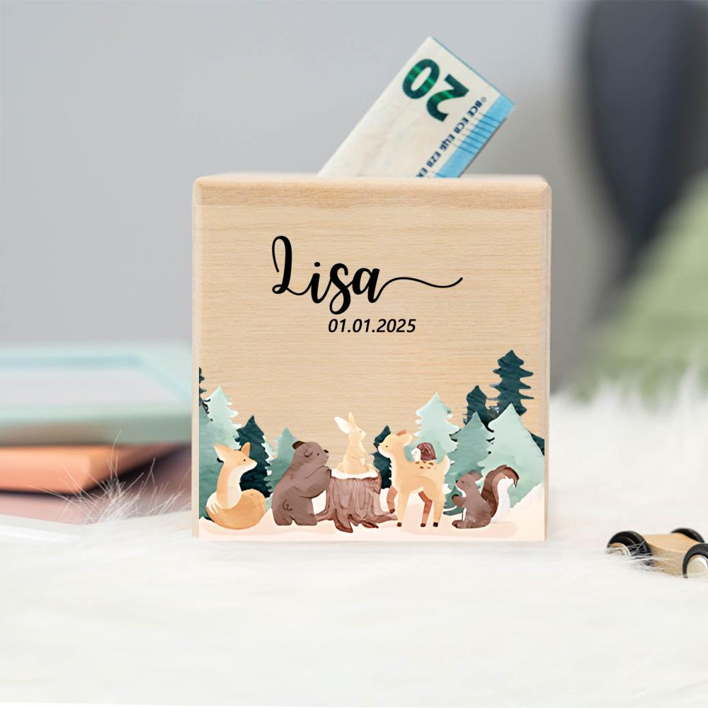 Personalized Wooden Piggy Bank with Name Personalized Money Wooden Box Cute Animal Pattern Collection Box Kids Birthday Gifts