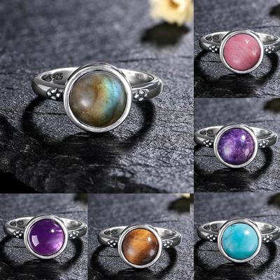 S Silver Vintage Ring Oval 8MM Natural Labradorite Moonstone Turquoise Ring for Women Gift Luxury