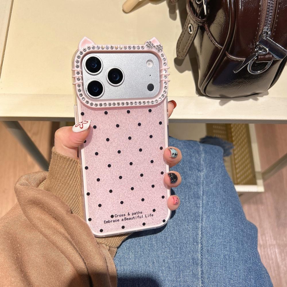 

Cute Cat Ear Glitter Diamond Polka Dots Case for iPhone 16 17 Pro Max Air 15 14 Plus 11 12 13 Wave Point Bling Cartoon Cover iPhone 13
