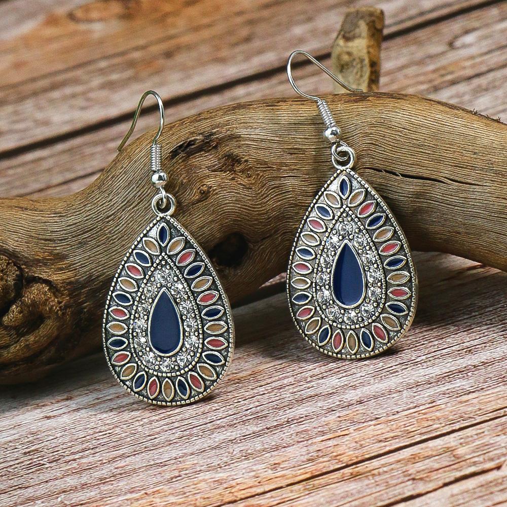 Blue New Alloy Earrings Turquoise Inlaid Bohemian Retro Geometric Round Multi Layered Design Vacation Party Versatile