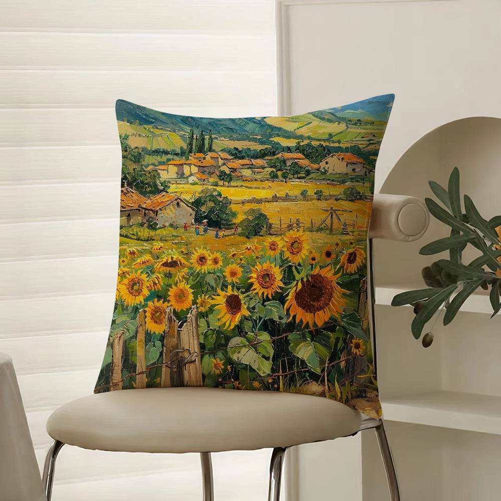 Hand-painted Iandscape Oil Painting Pillow Case Comfort Sofa Bed Silky Elegant Invisible Zipper Decorative Cushion Cover