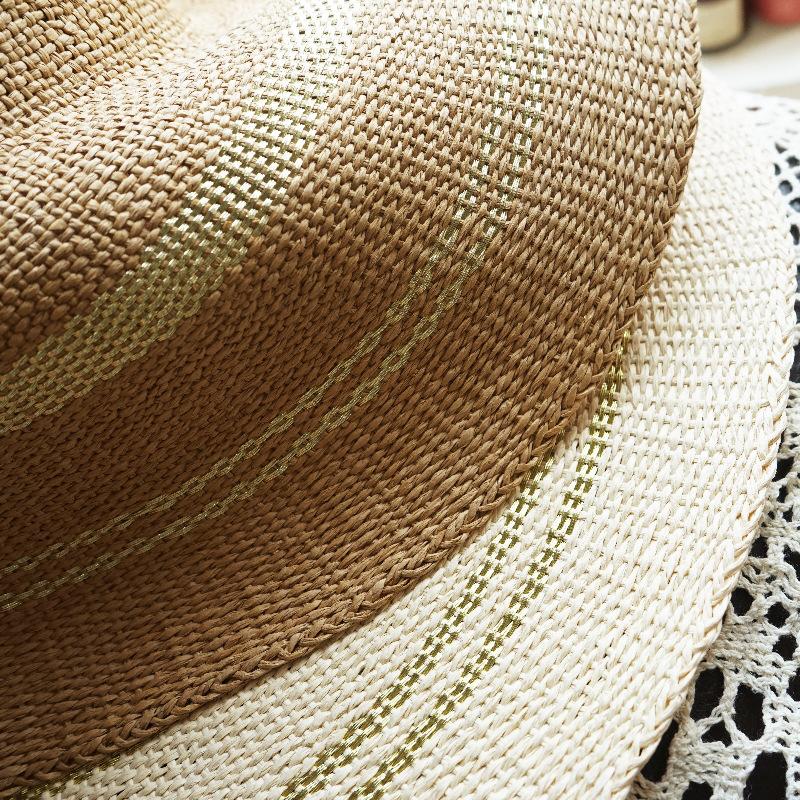 French Vacation Elegant Gold Stripe Big Brim Sun Protection Shade Straw Hat Women'S Summer Travel Beige Woven Top Hat