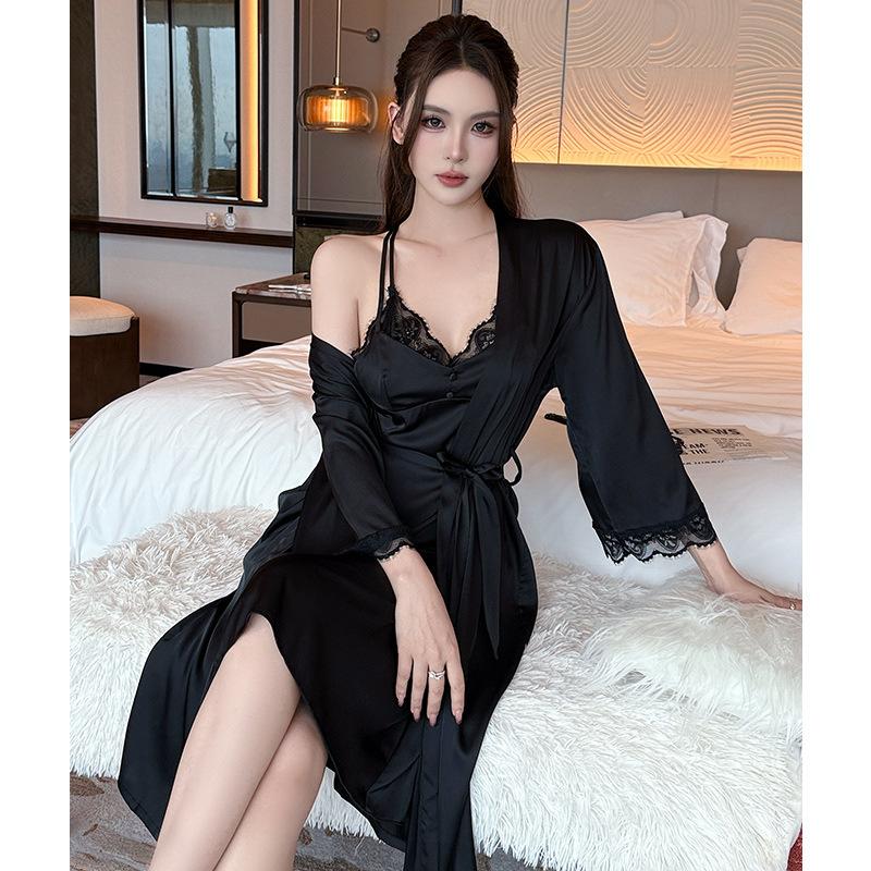 Summer ice silk royal sister style nightdress thin sexy suspender skirt with shawl loungewear women's high-end pajamas set