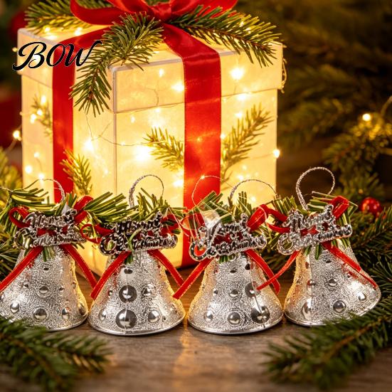 Eye-catching Christmas Decor Bell Ornament with Red Ribbon Bow, Small Jingle Durable Plastic Base Tree Hanging Decoration for Tree, Garland,