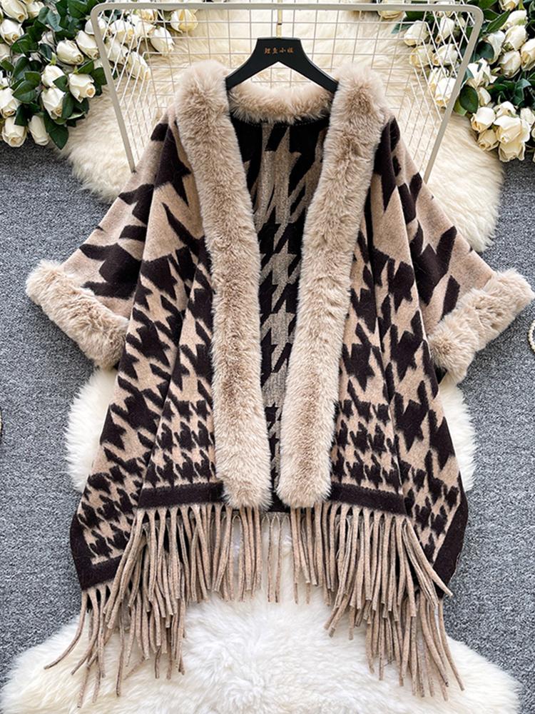 Autumn Winter Vintage Outerwear with Fur Collar Knitted Cardigan Tops for Women Loose Elegant Plaid Shawl Cloak Coat L66