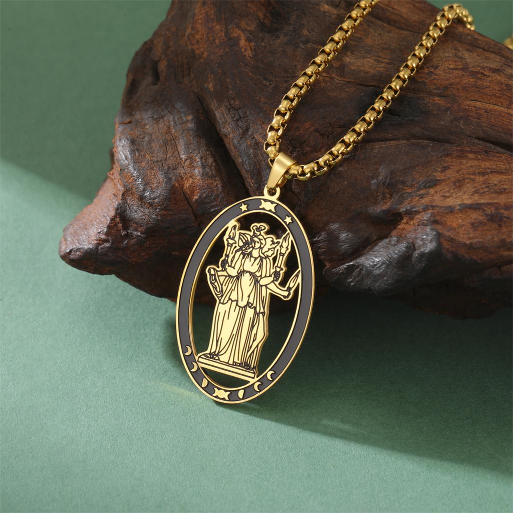 Stainless Steel Triple Moon Goddess Pendant Necklace Box Chain Hollow Wheel of Hecate Choker Vintage Amulet Jewelry Gift