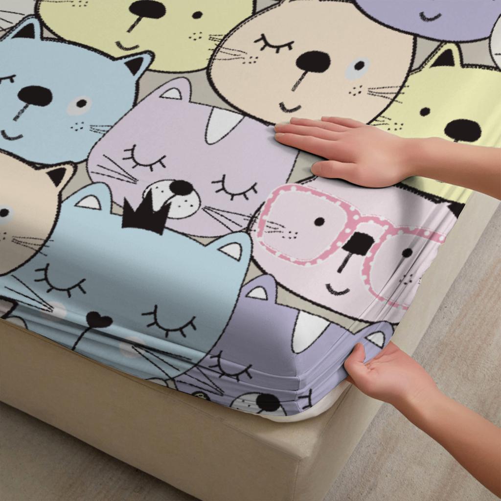 3pcs Fitted Sheet Set Colorful Cats Pattern Print Design  Durable Bed Sheet With Pillowcases For Bedroom Decor