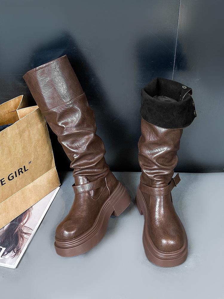 

Cowhide version two wear height increase but knee boots women s retro British style belt buckle knight boots high boots pile 40 темно-коричневого