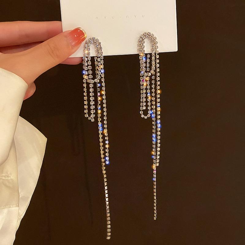 Silver Needle Fashion Diamond-encrusted Geometric Earrings, Long Fringed Earrings, Niche Personality, a Two-wear Earring Wholesale