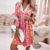 European and American Spring V-neck Printed Lace Splicing Bohemian Casual Vacation Dress