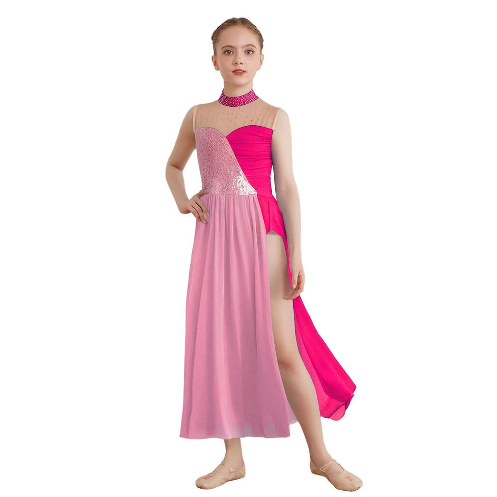 Girls Lyrical Performance Dress Sleeveless Sparkling Sequins Top And Color Block Side Split Skirt