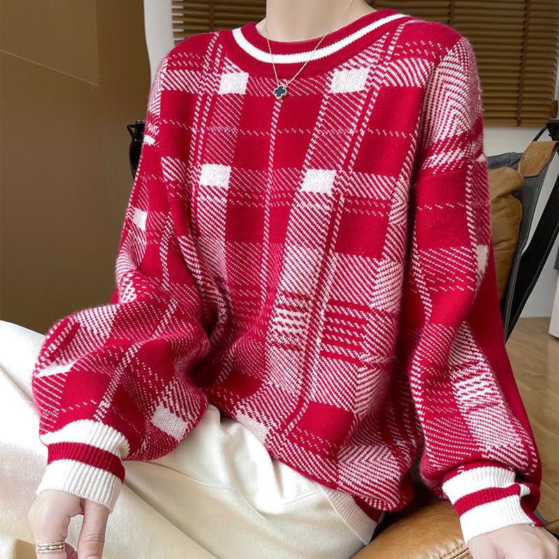 2024 Autumn/Winter Women's Color Block Red Plaid Cashmere Wool Sweater