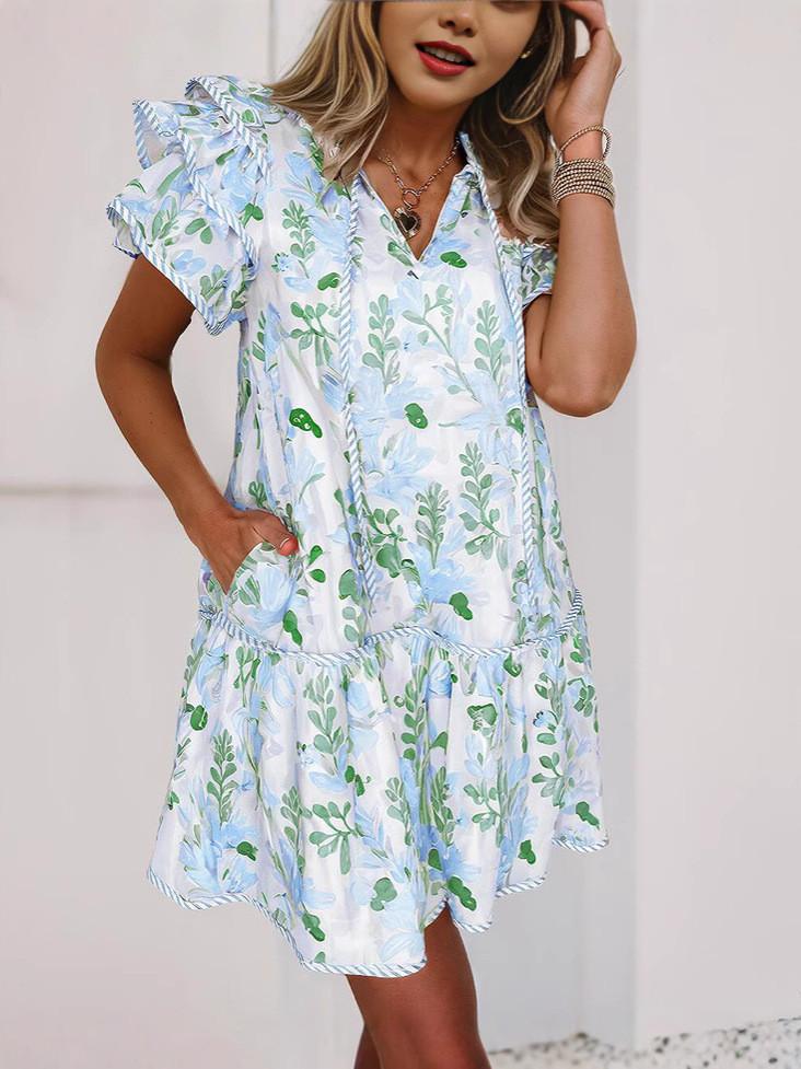 Floral Colorblock V Neck Pocket Dress With Short Sleeves For Spring 2025