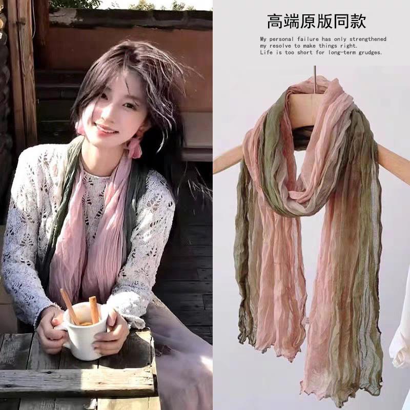 Ethnic Style Silk Scarf Female Wasteland Style Linen Fold Gradual Change Headscarf Desert Concave Shape Spice Girl Scarf Shawl