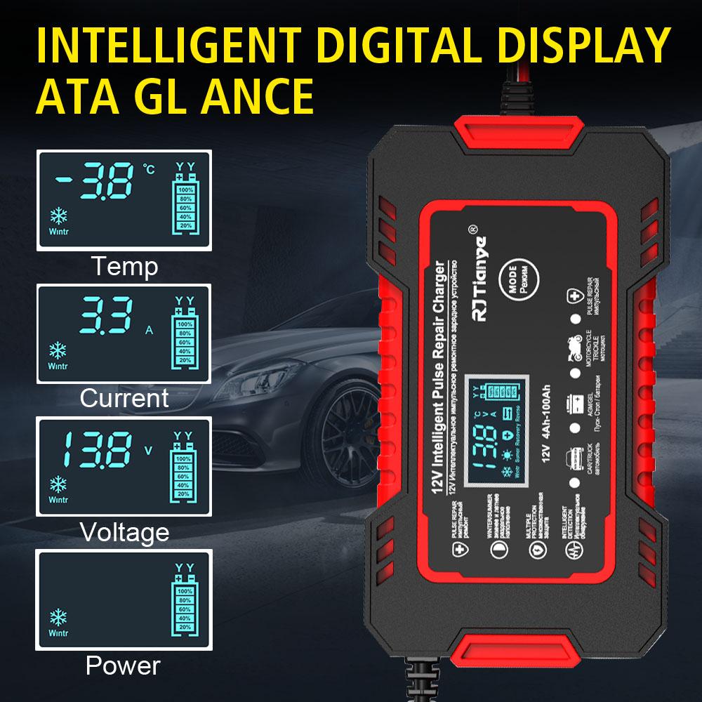For Auto Moto Wet Dry Lead Acid AGM Gel Power Pulse Repair LCD Display Quick Charge Car Battery Charger 12V 6A