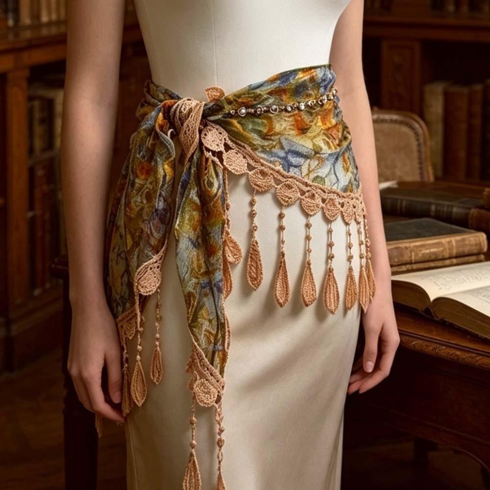 Mesh Texture Fringe Waist Belt Floral Patterns Versatile Scarf Ornament  Fashion Forward Women
