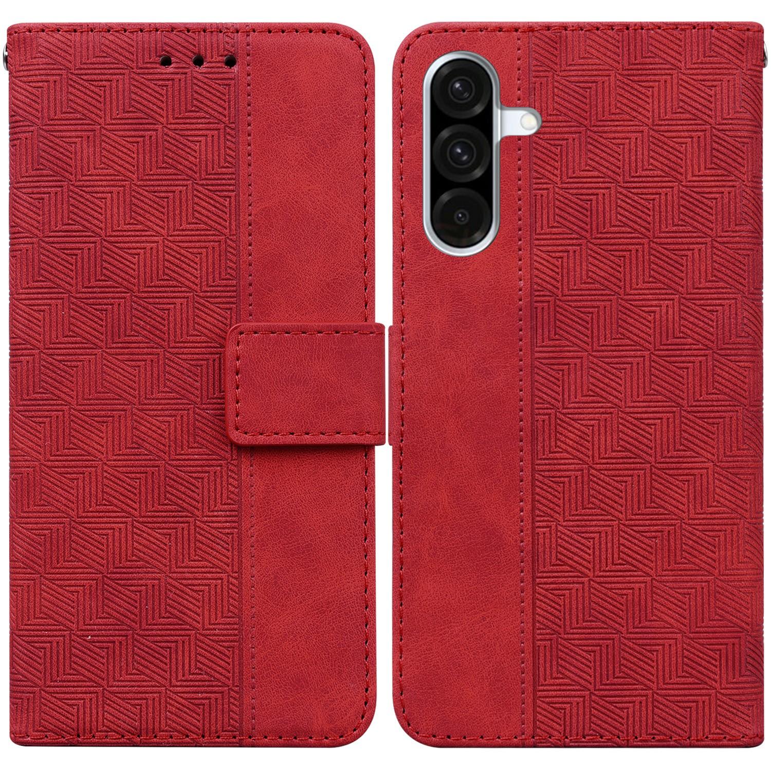 

For Samsung Galaxy A26 5G Case Geometry Pattern Leather Wallet Phone Cover with Wrist Strap Red