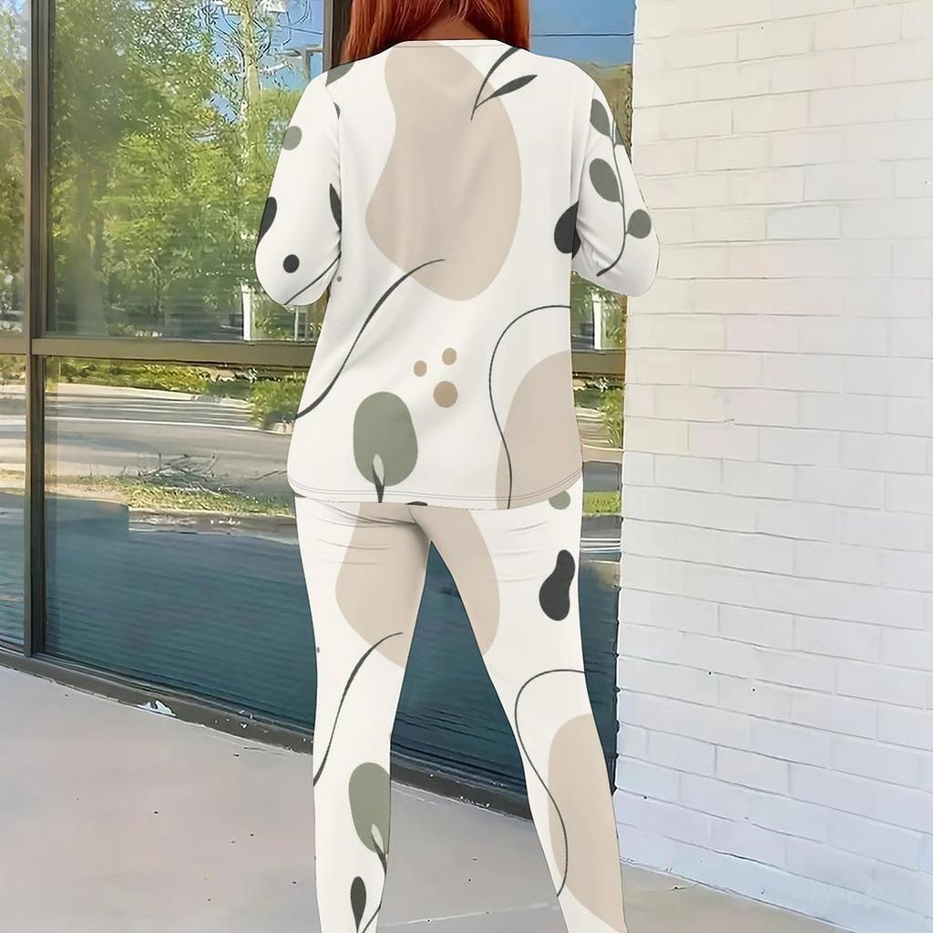 Women Plus Size Round Neck Long Sleeve Printed Top Fitted Pants Two Piece Set