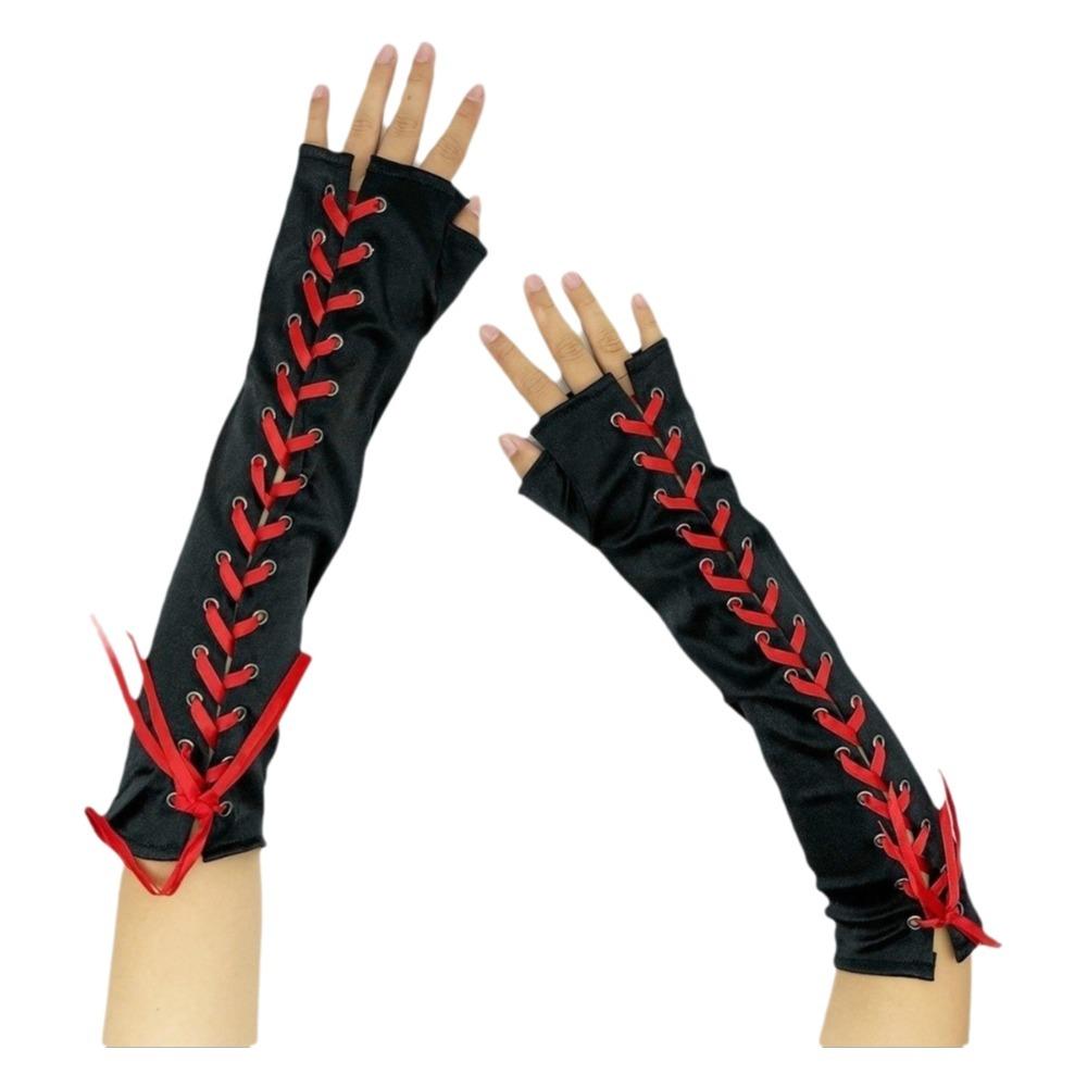 Sweet Long Ribbon Gloves Lolita Elastic Half Finger Gloves Elbow Long Cloth Women Gloves Prom Dress