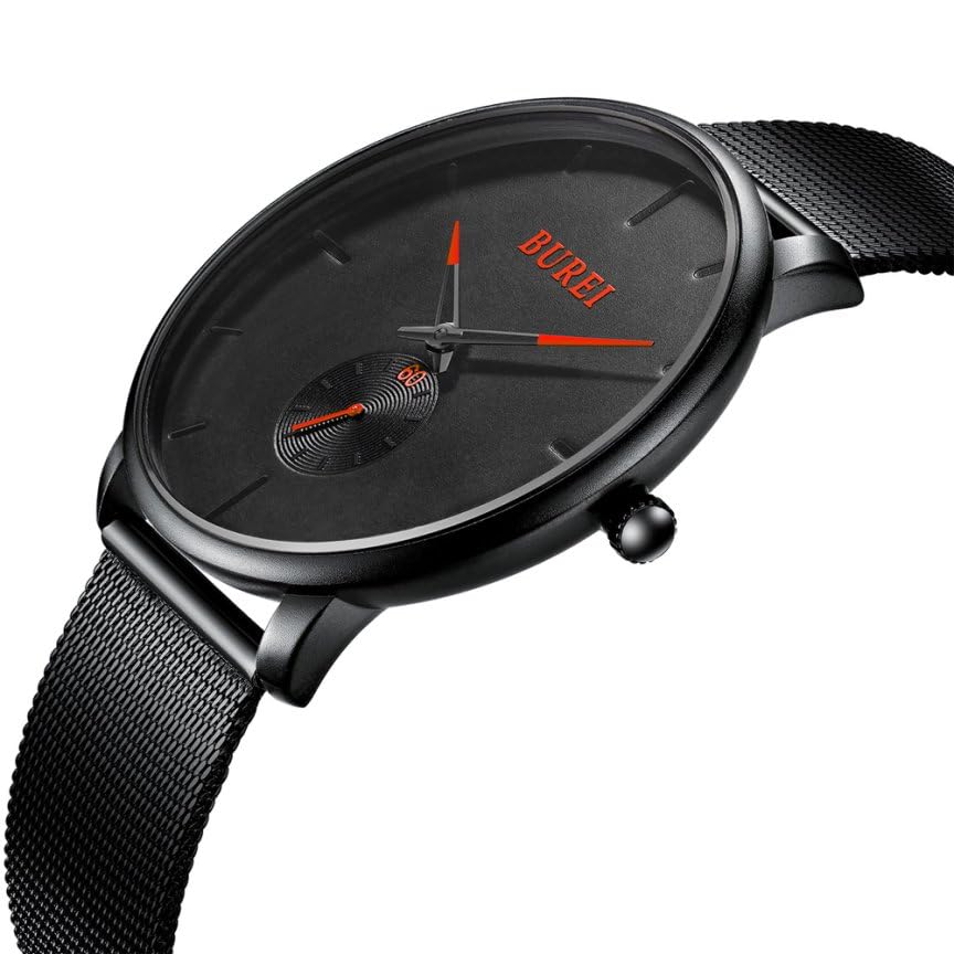 BUREI Men's Black Watch, Simple, Stylish, Popular, Men's Black Watch with Leather Strap (AMJP-1, Stainless Steel)