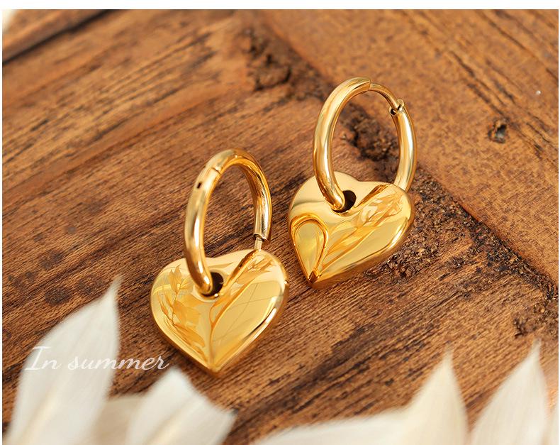 Punk Style 3D Shiny Peach Heart Earrings: Titanium Steel & Real Gold Creative Jewelry.