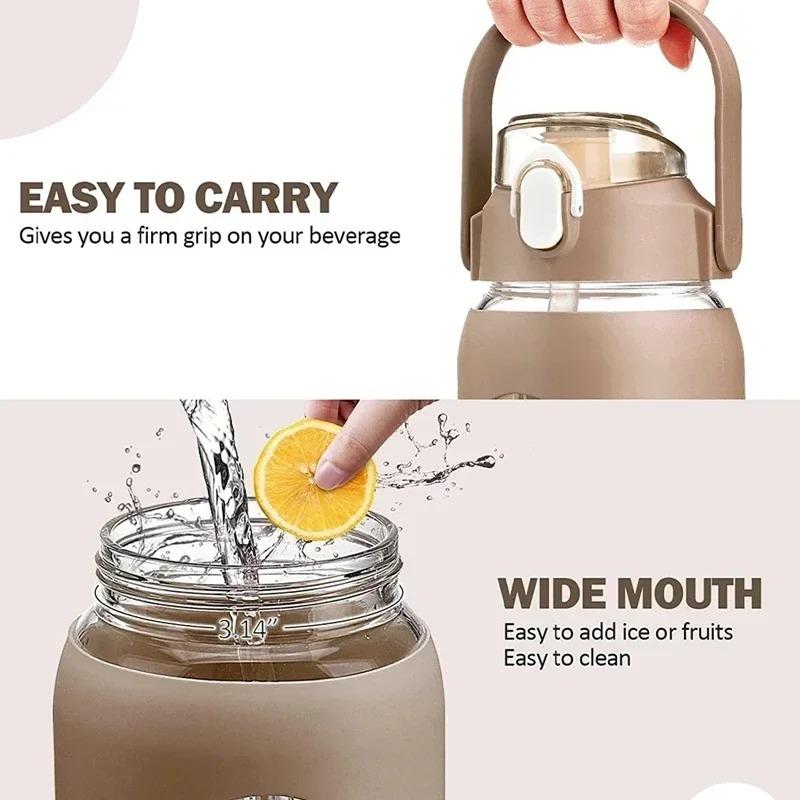 Szklane butelki na wodę 1000 ml ze słomką, Szklana butelka z silikonową osłonką i znacznikiem czasu, do siłowni, na kemping, do domu, do biura