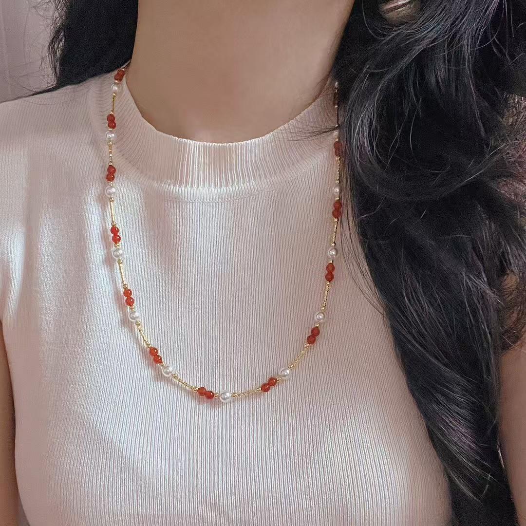 

Vintage High Quality Natural Chalcedony Artificial Crystal Pearl Collarbone Chain Necklace Sweater Chain