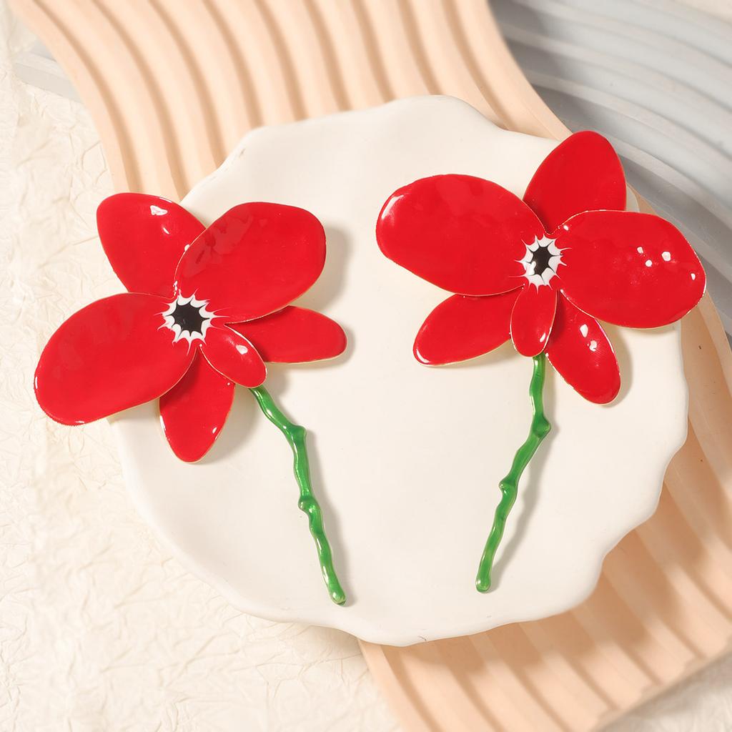ZA Fashionable New Personalized Red Drip Enamel Metal Large Flower Earrings, Simple and High-end Exquisite Sense