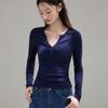 Womens Elegant V-Neck Long Sleeve T-Shirt With Pleated Detail Soft Modal Blend Slim Fit Office Daily Wear