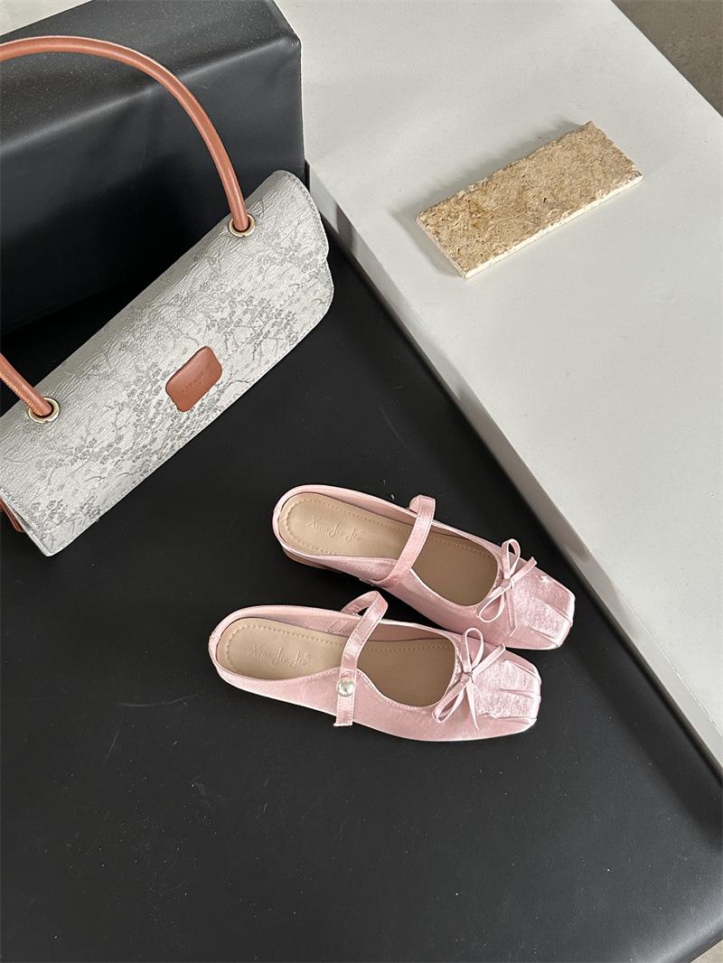 

New shallow square head bow Mary Jane leather bottom bag head half slippers women s sandals 39 рожевий