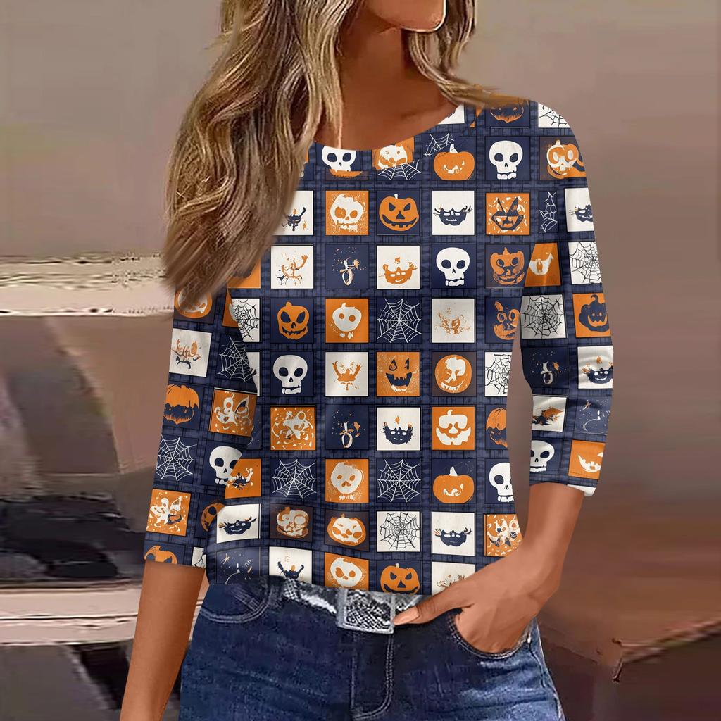 Women 3/4 Sleeve Casual Loose Fit Shirt Round Neck Halloween Pumpkin Print T-Shirt Top for Everyday Wear