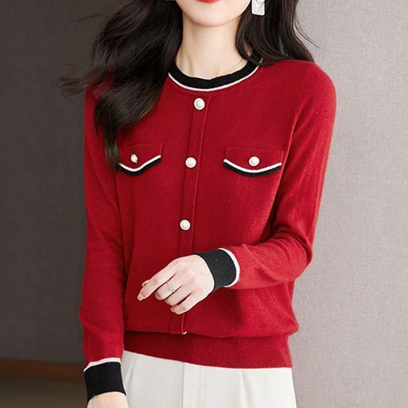 New Autumn Fashion Trend Small Fragrance Round Neck Color Matching Versatile Loose Fit Slimming and Age Reducing Women's Sweater