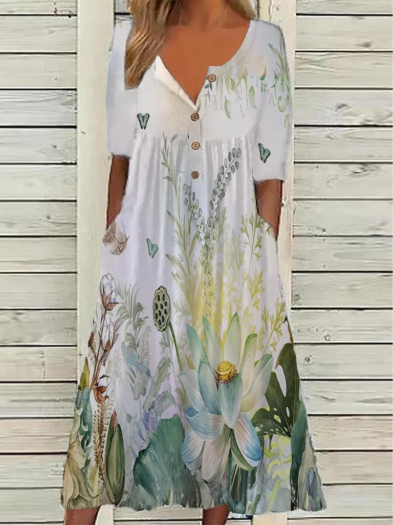 2026 Spring V-Neck Button Short-Sleeve Maxi Dress with Pockets