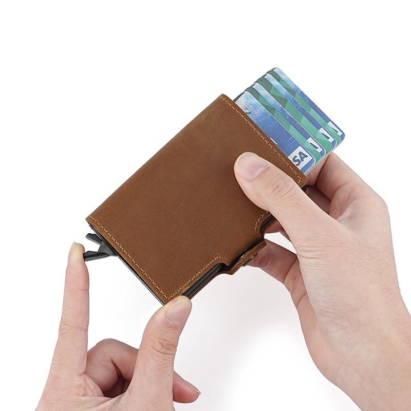 Vintage 2025 Men's Double-Layer Crazy Horse Leather Card Holder with Push-Button Pop-Up and Aluminum Clip