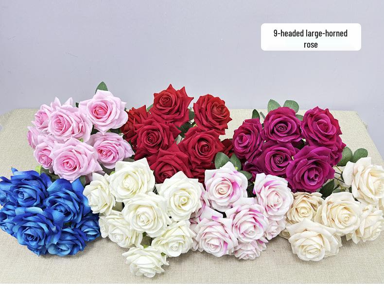 Cross Simulation 9-Head Velvet Rose Wedding & Home Decoration Artificial Flowers
