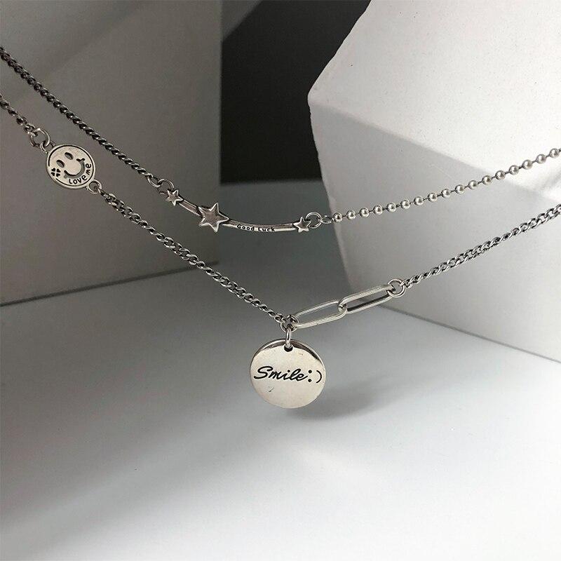 

Серебряное ожерелье с подвеской в виде круглого диска и звезды в виде улыбающегося лица из тайского серебра для женщин и мужчин, ювелирные изделия S-N659