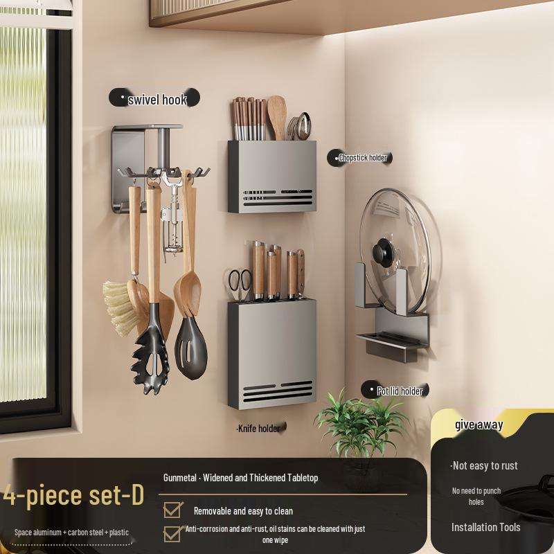 Gunmetal Gray Wall-Mounted No-Drill Kitchen Rack for Knives, Seasonings, and Cutting Boards